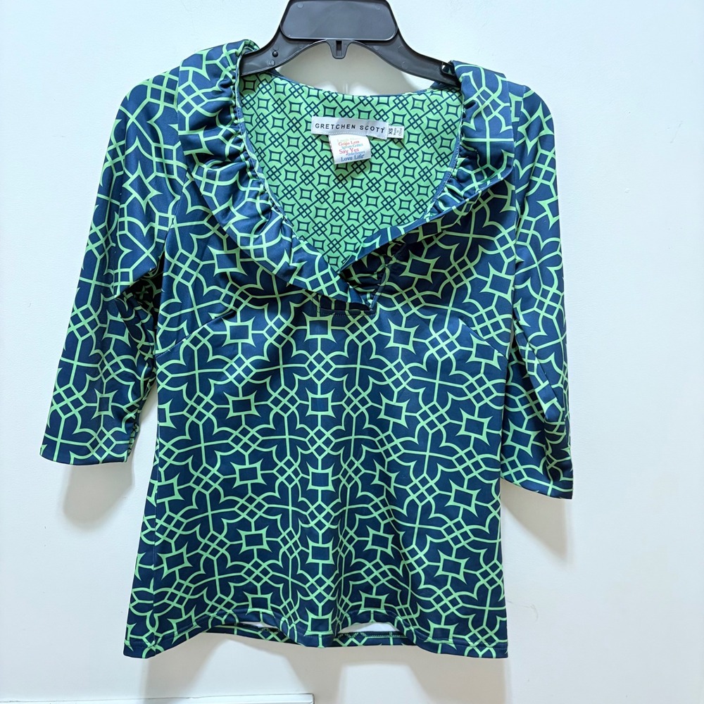 Gretchen Scott Geometric Ruffneck Top Women Green XS 3/4 Sleeve Blouse